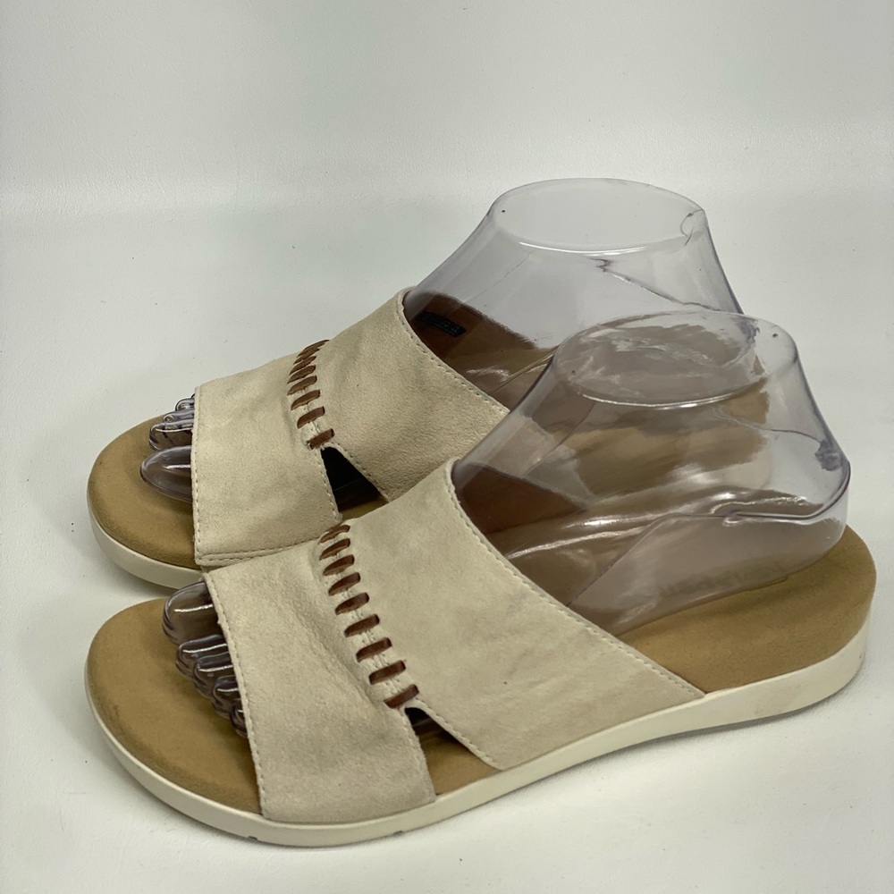 Spenco Orthotic Leather Slide Sandals Twilight Woven Almond Buff Sz 7